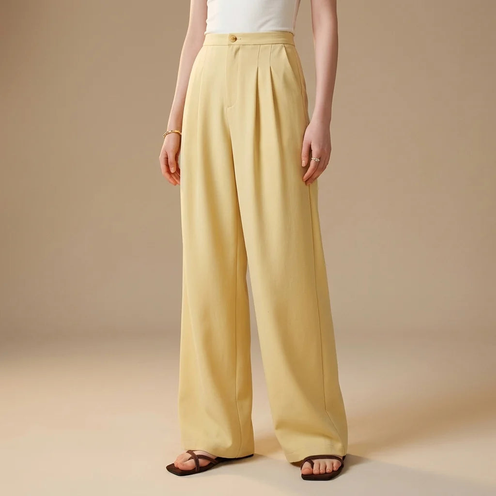 Yellow High‑Waist Fluid‑Draped Straight‑Leg Flowing Trousers
