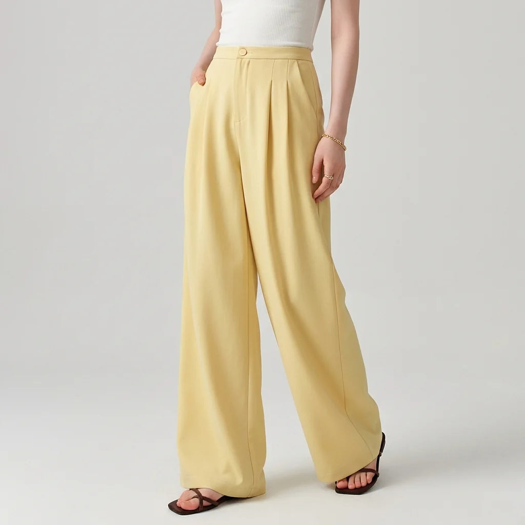 Yellow High‑Waist Fluid‑Draped Straight‑Leg Flowing Trousers