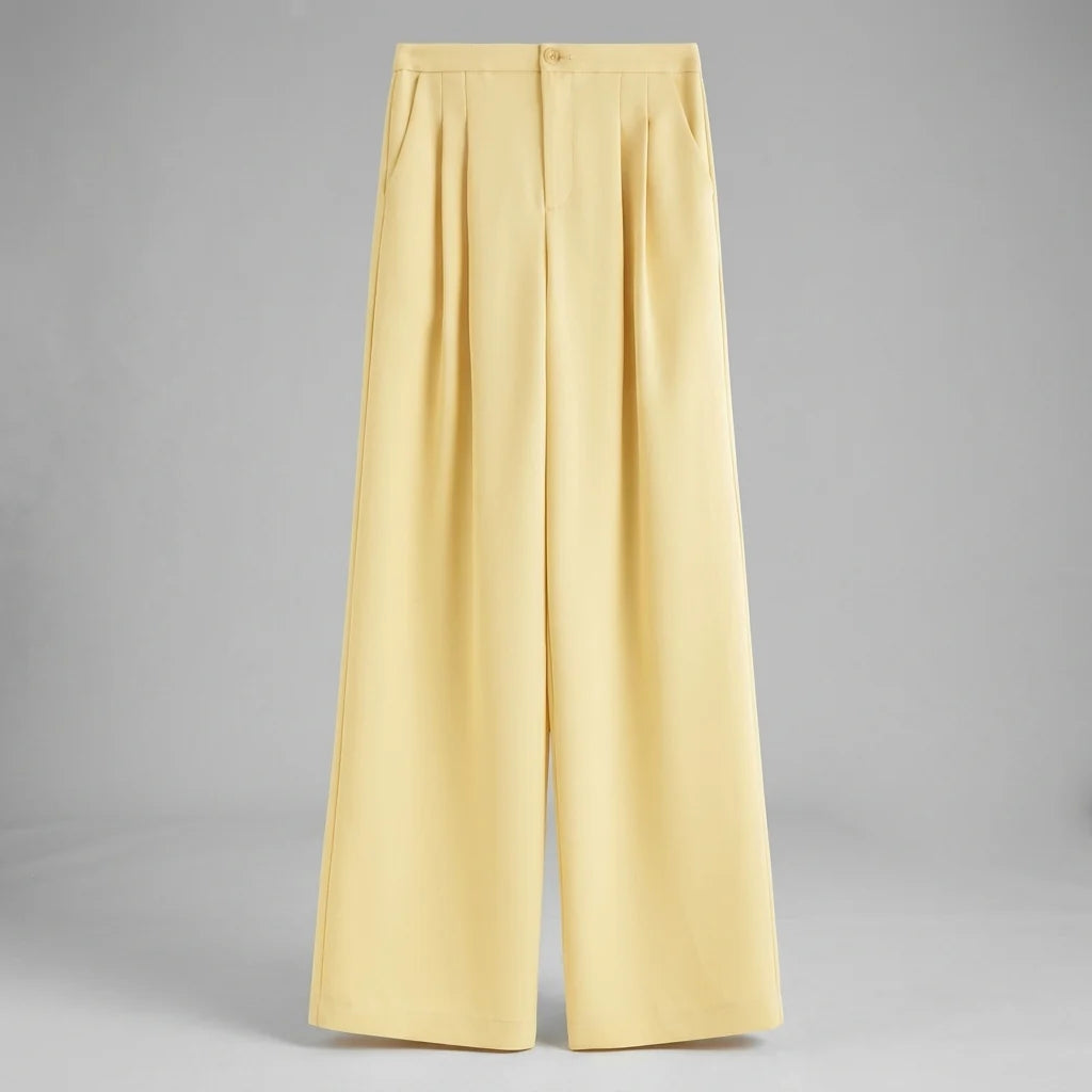Yellow High‑Waist Fluid‑Draped Straight‑Leg Flowing Trousers
