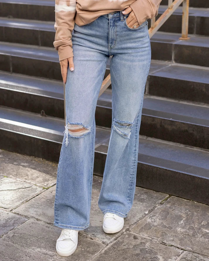 Distressed Mid‑Wash Mid‑Rise Stretch Wide‑Leg Denim Jeans