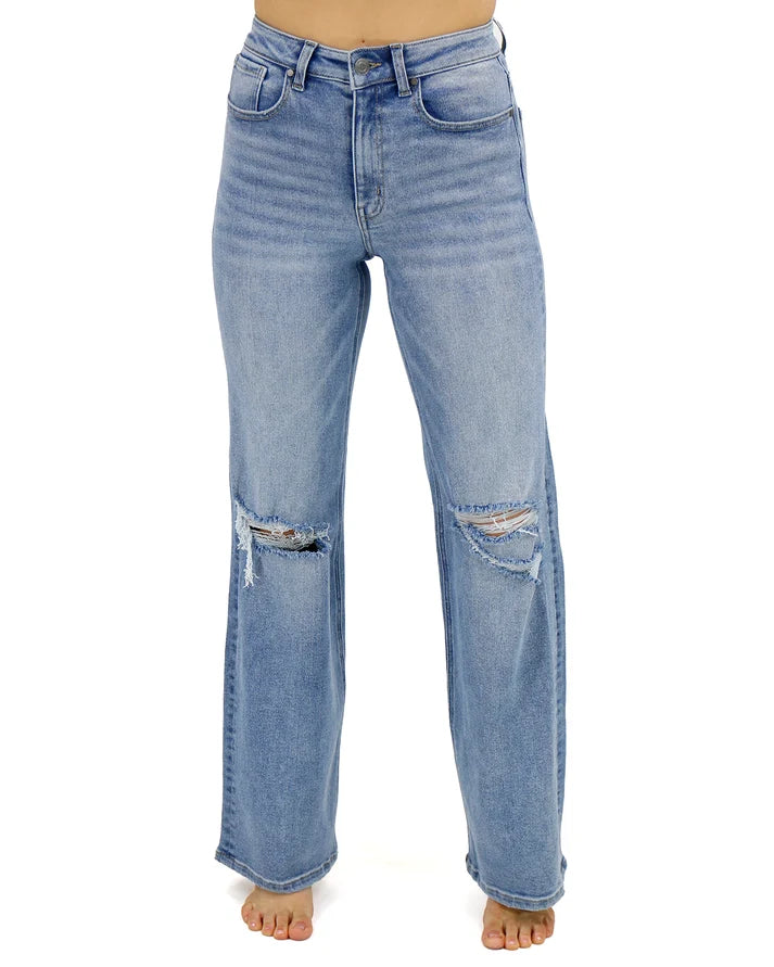 Distressed Mid‑Wash Mid‑Rise Stretch Wide‑Leg Denim Jeans