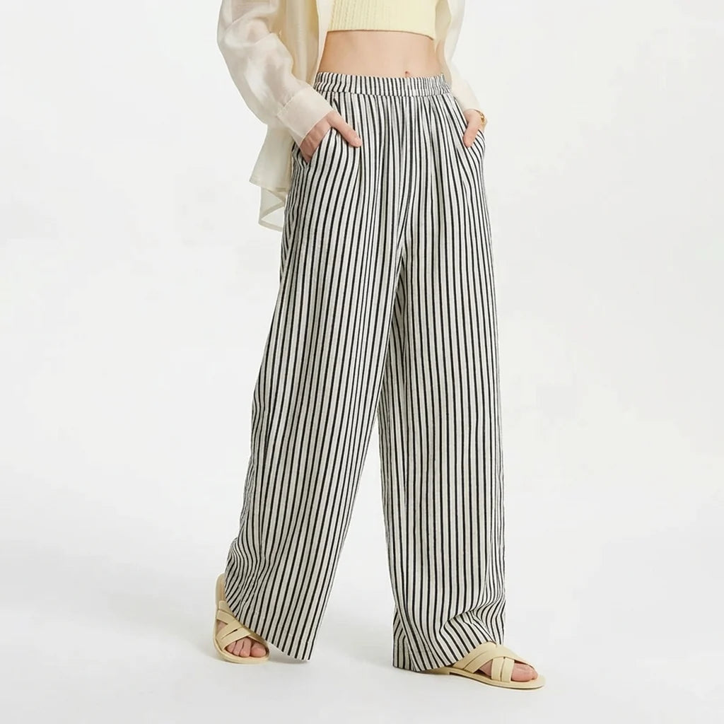 Striped Elastic‑Waist Wide‑Leg Lightweight Linen Trousers