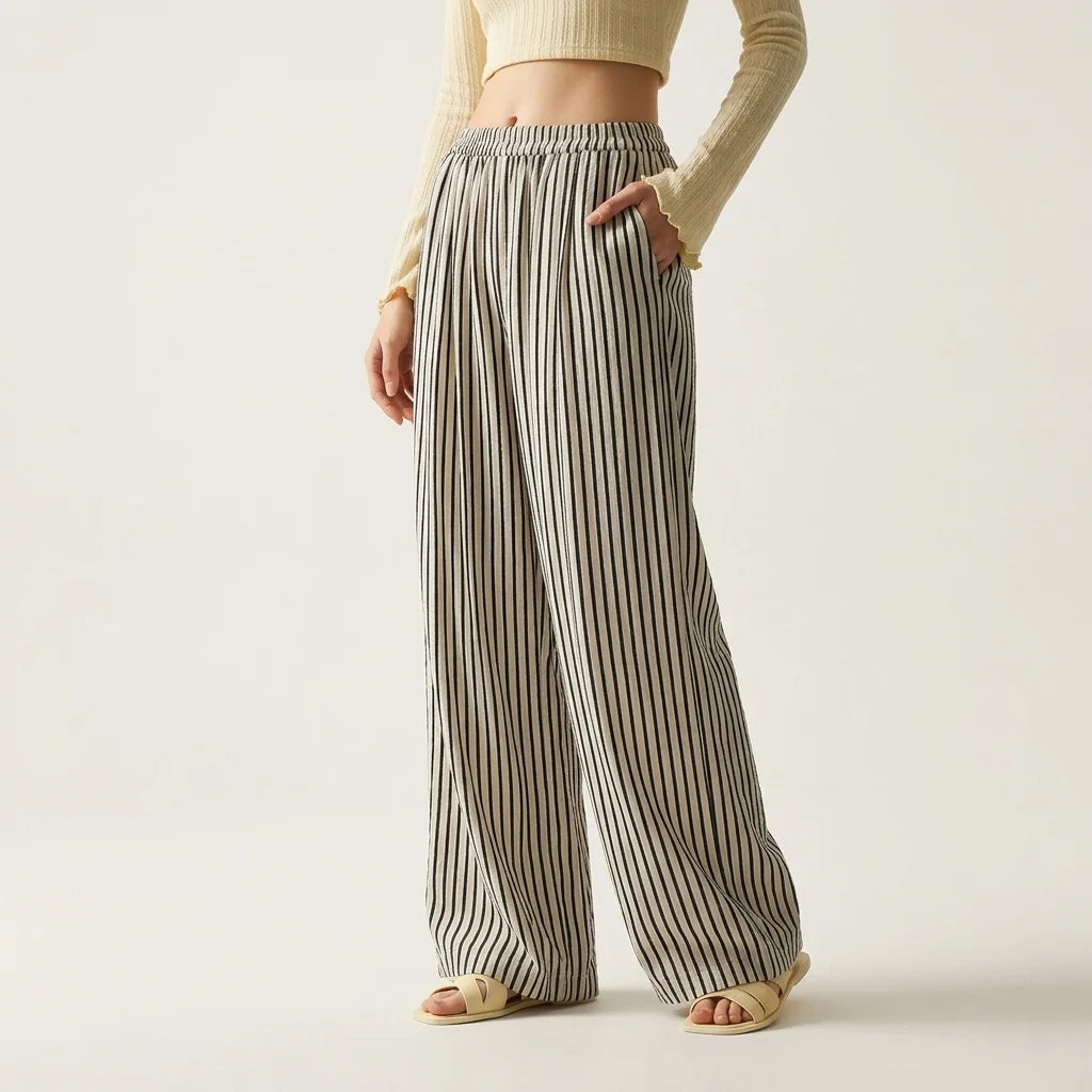 Striped Elastic‑Waist Wide‑Leg Lightweight Linen Trousers