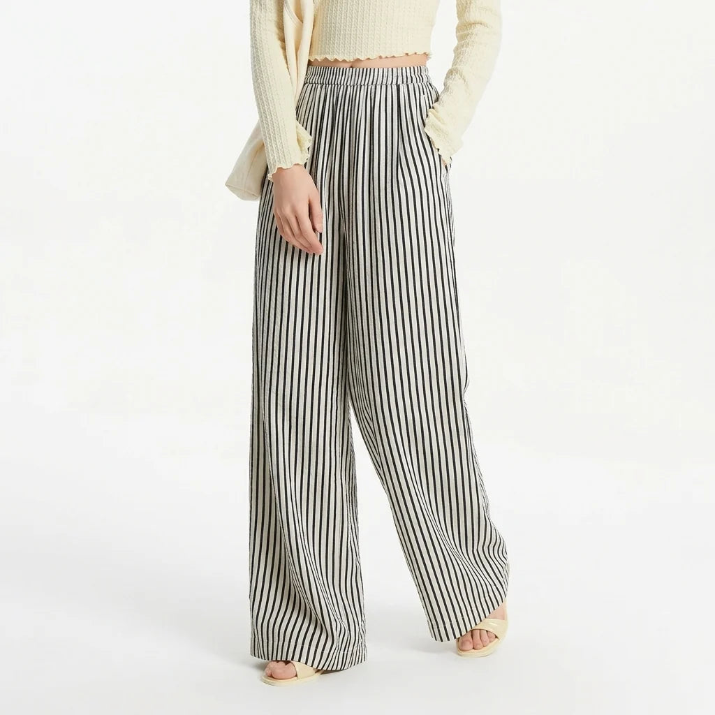 Striped Elastic‑Waist Wide‑Leg Lightweight Linen Trousers