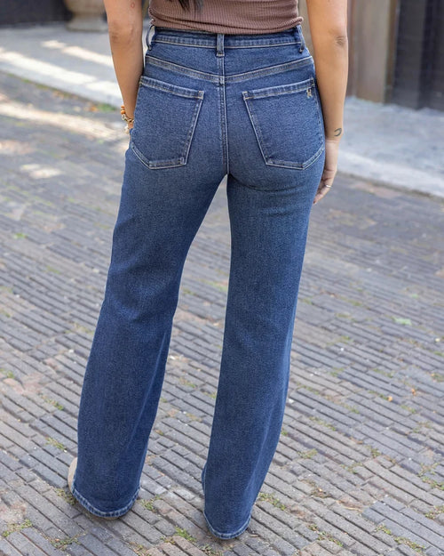 Dark Mid‑Wash Non‑Distressed High‑Rise Stretch Wide‑Leg Denim Jeans