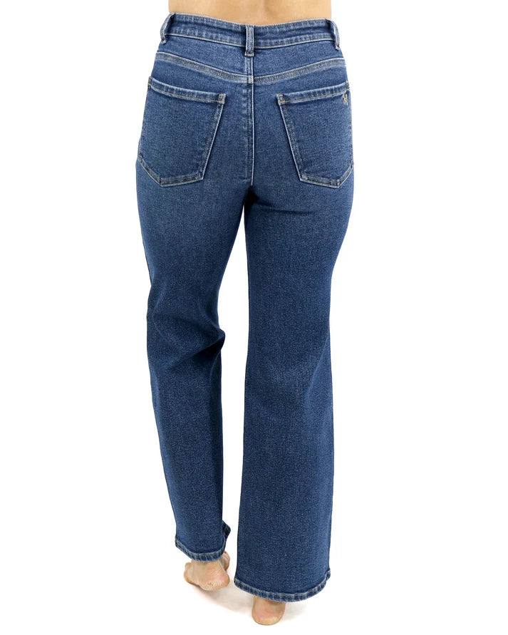 Dark Mid‑Wash Non‑Distressed High‑Rise Stretch Wide‑Leg Denim Jeans
