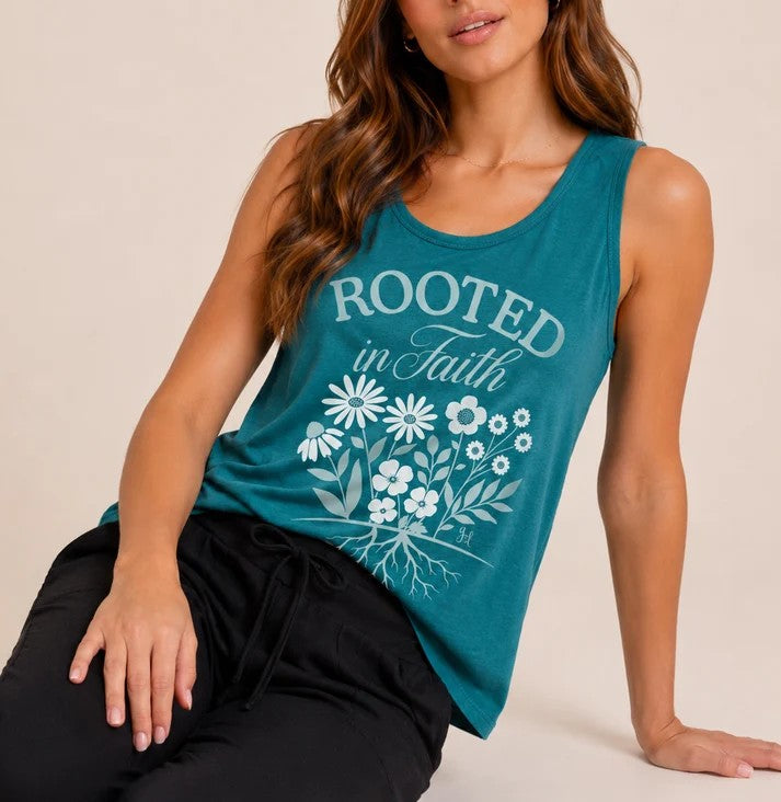 Teal Floral‑Text Print Racerback Scalloped‑Hem Tank Top