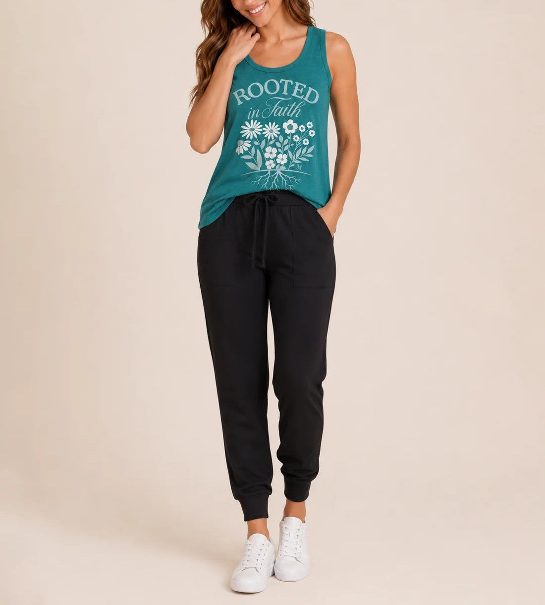 Teal Floral‑Text Print Racerback Scalloped‑Hem Tank Top