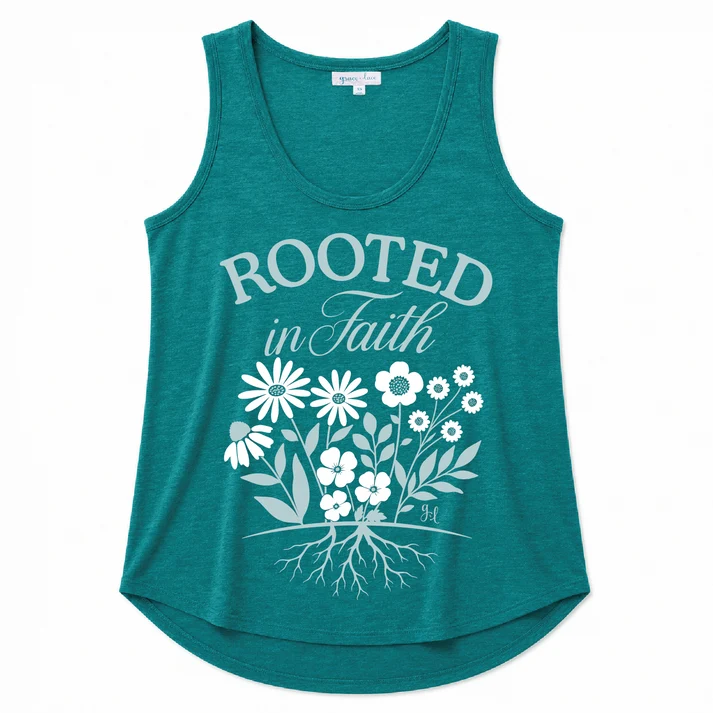 Teal Floral‑Text Print Racerback Scalloped‑Hem Tank Top