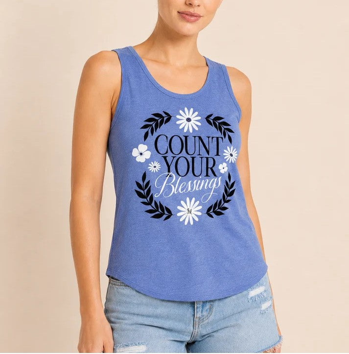 Glacier‑Blue Floral‑Graphic Racerback Scalloped‑Hem Tank Top